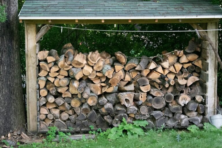 Abri à bois couvert, rempli de bûches empilées, dans un jardin verdoyant