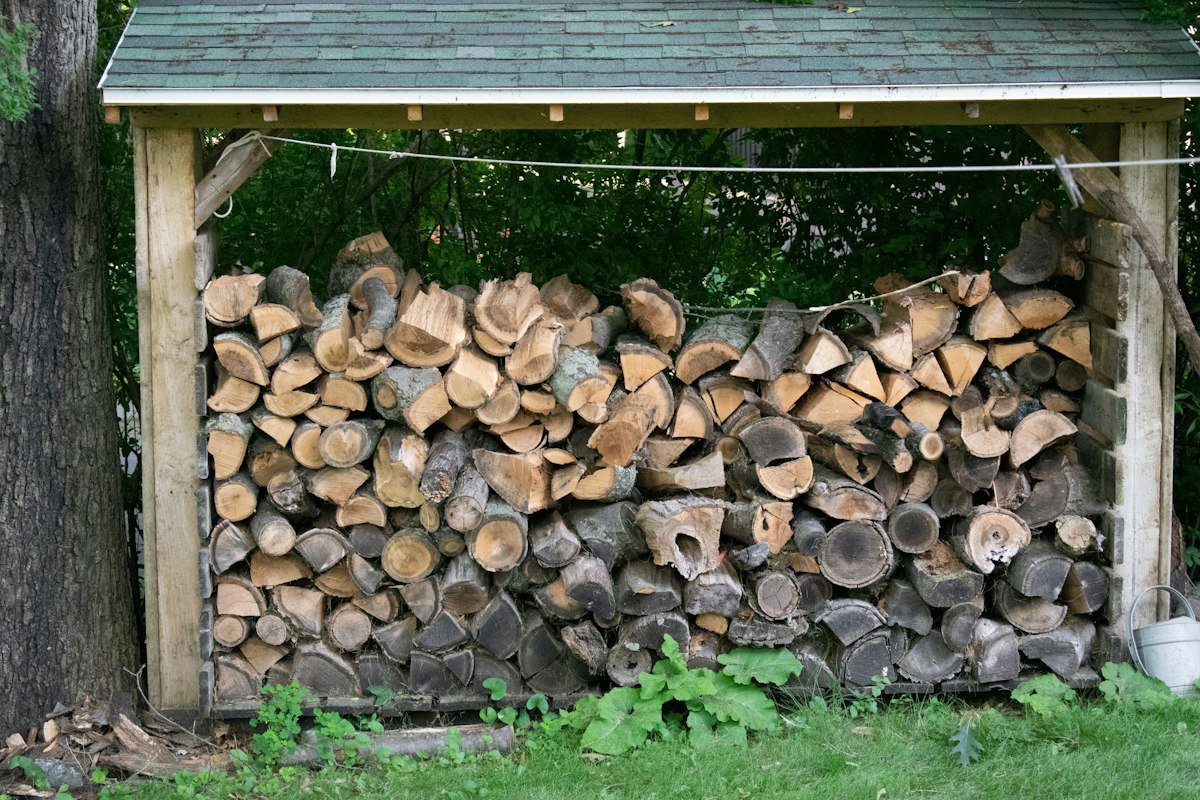 Abri à bois couvert, rempli de bûches empilées, dans un jardin verdoyant